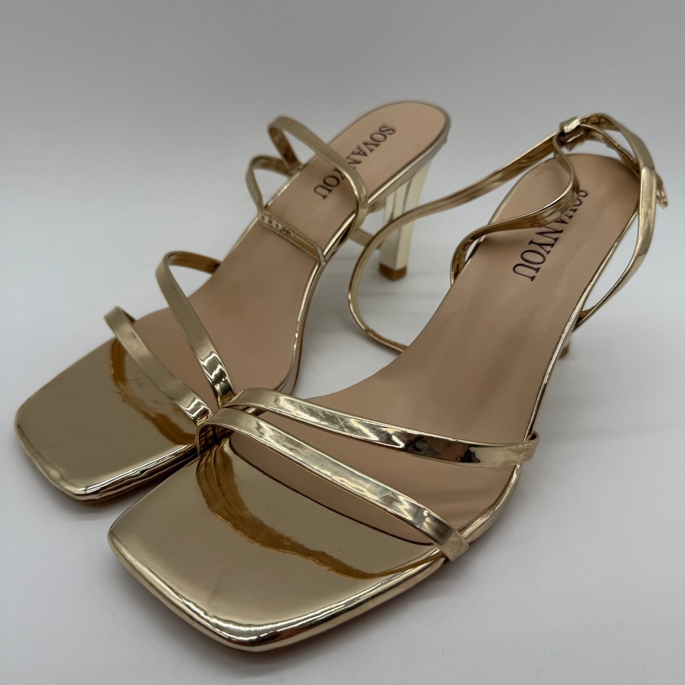 Sovanyou Heels Womens 7.5 Gold Metallic Strappy Square Toe Stiletto Sandals